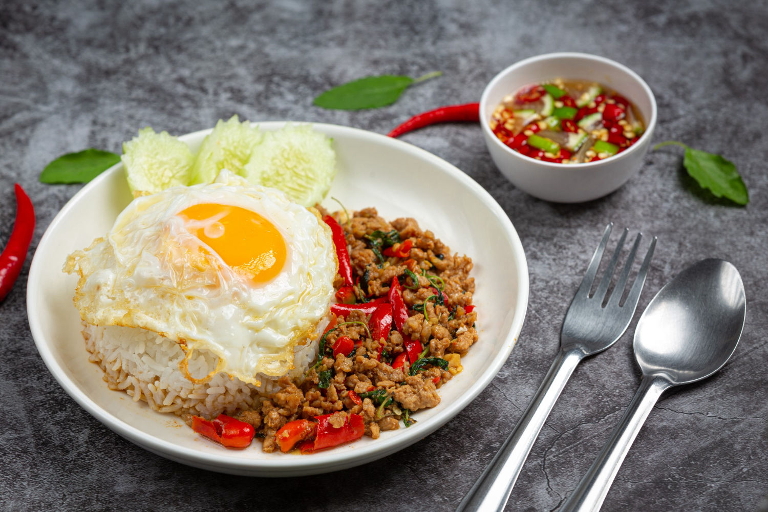 Spicy Basil stir-fry with fried egg